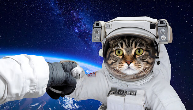 Tabby cat astronaut in space suit reaching out, outer space background with stars and planet Earth