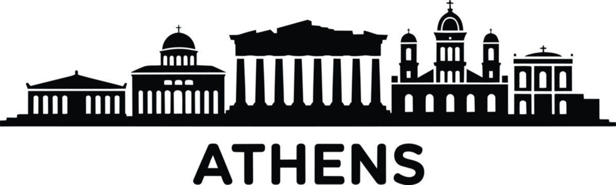 Athens skyline vector silhouette of famous ancient and modern landmarks with text and city Greece and european cities and black and white in outline s