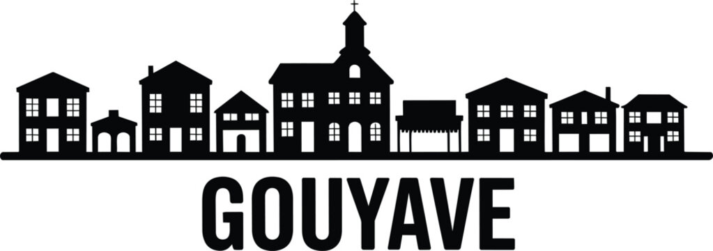Gouyave city silhouette, urban townscape with traditional buildings, prominent church steeple, houses, and shop
