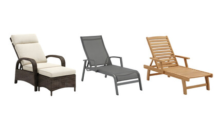 Obraz premium Three different styles of outdoor lounge chairs isolated on transparent background