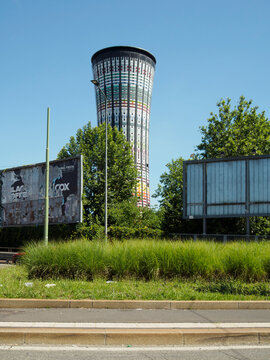 Torre Arcobaleno in Porte Garibaldi district, Milano Italy standing under a clear blue sky, illustrating urban architecture