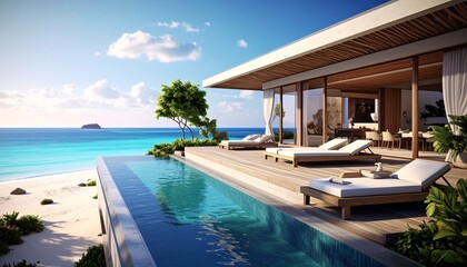 Fototapeta premium Luxury beachfront villa with private infinity pool, sun deck and panoramic ocean views, ultra-realistic 3D render capturing an elegant summer vacation lifestyle.
