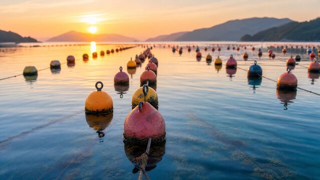 Colorful buoys arranged in rows on calm bay water at sunrise, connected to aquaculture nets.