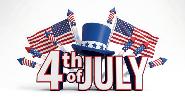 Fourth of July Independence Day Celebration with American Flags Fireworks and Uncle Sam Hat