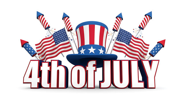 Fourth of July Independence Day Celebration With American Flag And Uncle Sam Hat And Fireworks
