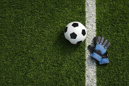 Soccer ball and goalkeeper gloves on green grass field with white line marking