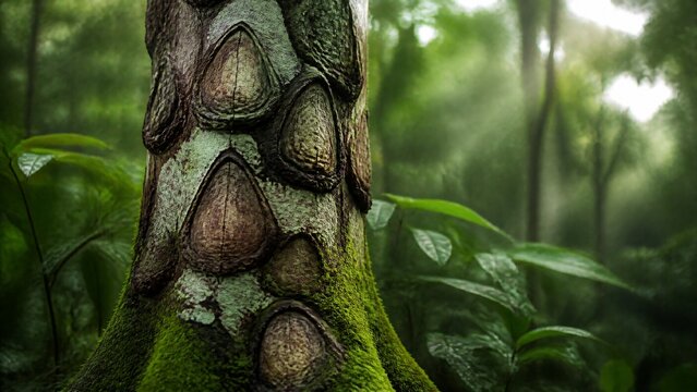 Rainforest tree trunk with knobby bark scars and green moss.