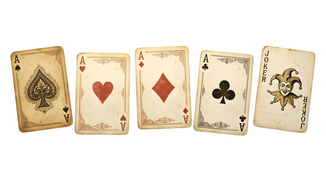 Vintage playing cards set including four aces and a joker isolated on transparent background