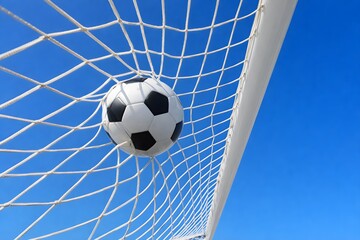 Naklejka premium Soccer ball scoring a goal in the net against a clear blue sky
