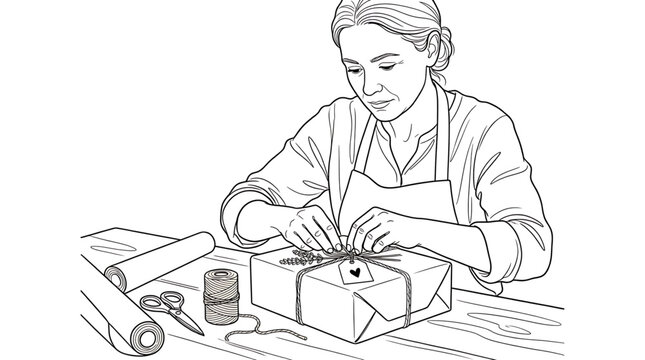 Woman wrapping a gift with twine and lavender on a wooden table