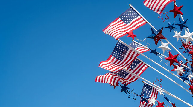 American United States Flags Waving Against Clear Blue Sky Background Patriotic Celebration Concept