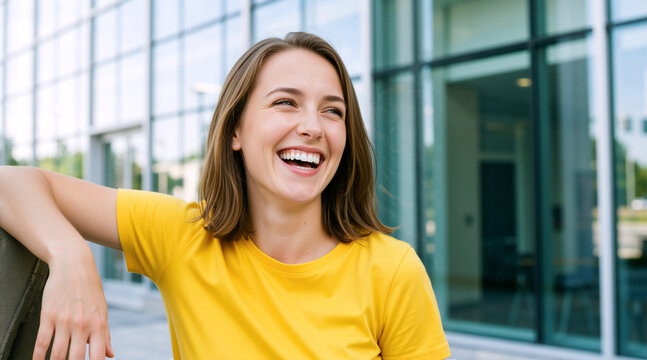 Portrait of a laughing young woman in a yellow t-shirt. Happy female student smiling outdoors near a modern glass building. Joy and positive emotion concept