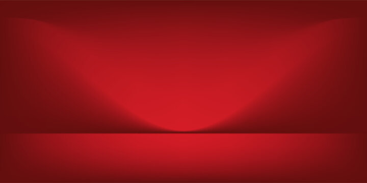 Red studio background. Abstract limbo podium studio room. Dark red gradient wall floor and spotlight scene.