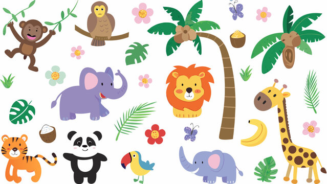 Cartoon safari animal and tropical plant vector illustration with a white background african wildlife banana
