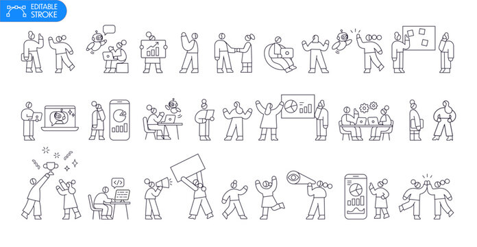 Wide tiny business character collection with SaaS workflow, AI chatbot, mobile analytics, teamwork and office productivity scenes in outline vector.