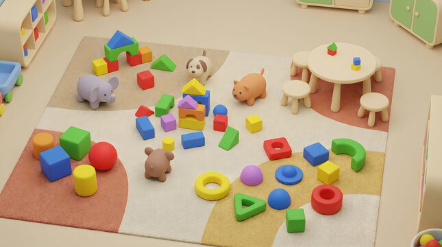 Colorful wooden and plastic building blocks scattered with animal figurines on a soft play mat in a childrens classroom setting