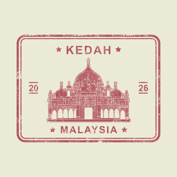 Vintage passport stamp featuring Masjid Zahir in Kedah, Malaysia. Rectangular travel badge with grunge effect and Islamic heritage architecture illustration.