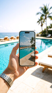 Hand holding smartphone displaying luxury resort swimming pool. Mobile phone screen showing tropical vacation destination. Summer travel concept