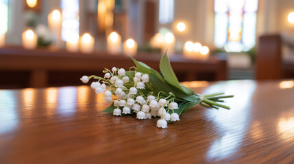 Lily-of-the-valley bouquet on a church altar symbolizing chrismation © dvoevnore