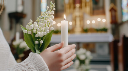 Chrismation symbol with young girls hands holding candle and flowers © dvoevnore