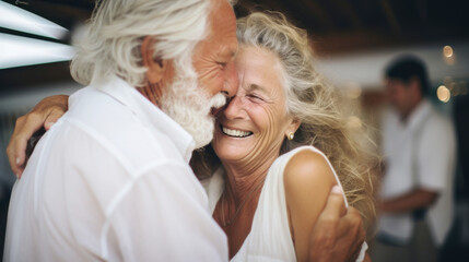 Caucasian elderly couple embracing joyfully, highlighting affection, love and happiness, St Valentines Day concept © dvoevnore