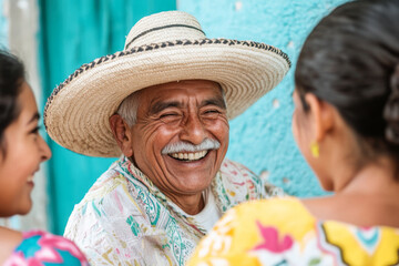 Mexican family smiling together at home with elderly man in sombrero and happy girls © dvoevnore