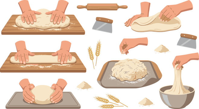 Baking vector elements set with hands kneading bread dough rolling pin flour wheat ears and scraper isolated on a white background