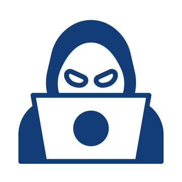 Flat blue icon representing a hooded hacker using a laptop computer transparent background