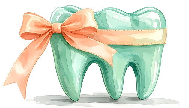 Teeth as a gift, dental care, a shiny tooth tied with a ribbon and bow, concept of dental health and perfect smile
