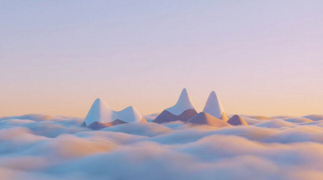 Snowy mountain peaks rising above a soft glowing sea of clouds at dawn
