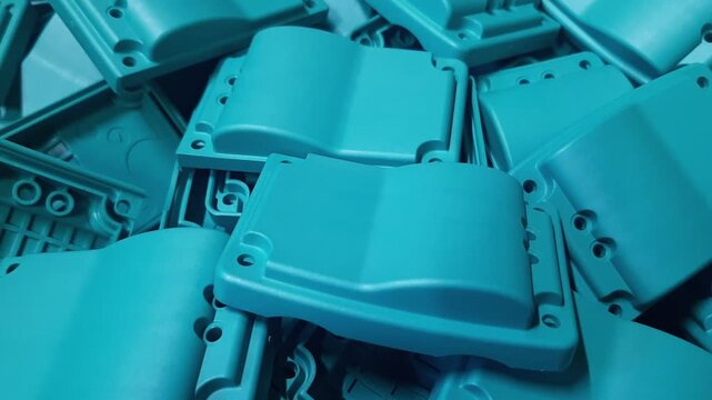 Static industrial video of turquoise plastic components piled up. Abstract factory background with still manufactured polymer details, 10 seconds footage.