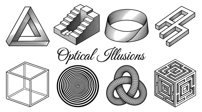 Set of Optical Illusions and Impossible Geometric Shapes Vector Illustration including Penrose Triangle, Infinite Stairs, M&ouml;bius Strip, and Isometric Maze Cube