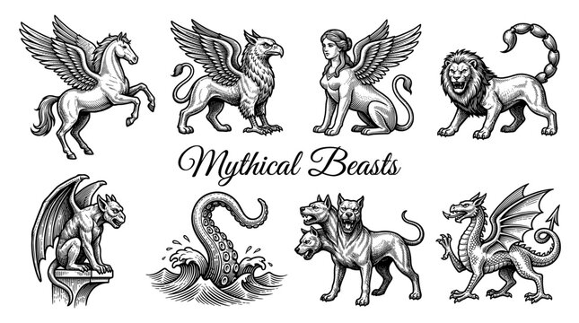 Hand-Drawn Vintage Mythical Beasts and Creatures Set Including Pegasus, Griffin, Dragon, Cerberus, and Sphinx in Woodcut Engraving Style Vector Illustration