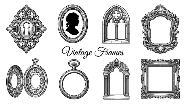 Set of vintage ornate frames and borders including gothic windows, antique keyhole, cameo silhouette, and pocket watch locket illustrations in black and white engraving style.