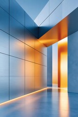Naklejka premium Minimal modern architecture with reflective brushed metal panels and warm golden light