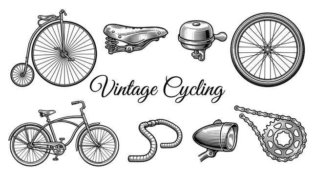 Vintage Bicycle and Cycling Parts Vector Illustration Set. Hand-Drawn Engraving Style Icons of Penny Farthing, Retro Cruiser, Leather Saddle, Bell, and Spare Parts.