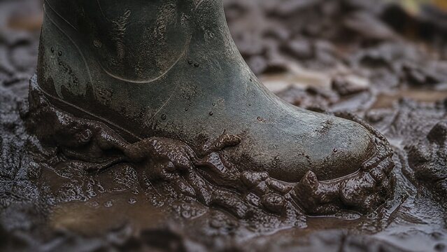 A rain boot sinking into wet, dark mud, with rich mud oozing up around its edges.
