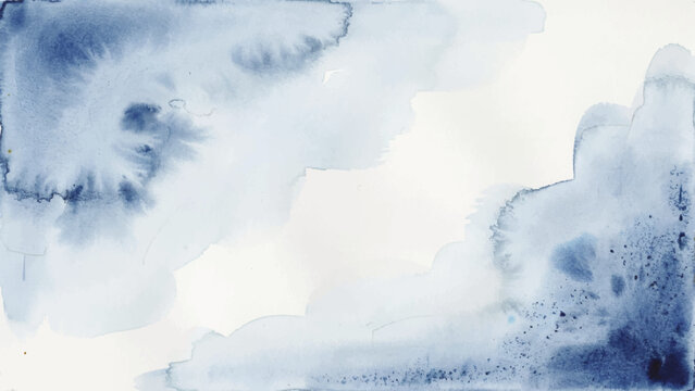 Abstract blue watercolor background featuring fluid indigo paint washes and artistic textures on white paper