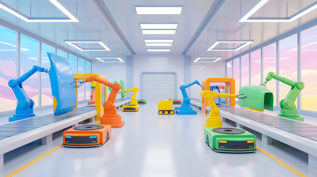 Smart factory with robotic arms operating on automated assembly lines in a futuristic industrial setting