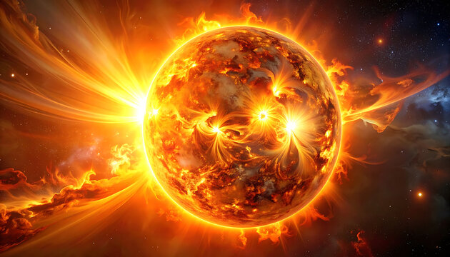 The sun emitting powerful solar flares and coronal mass ejections into space, representing energy, heat, and cosmic phenomena.