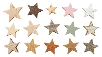 Obraz premium Collection of various wooden decorative stars isolated on transparent background