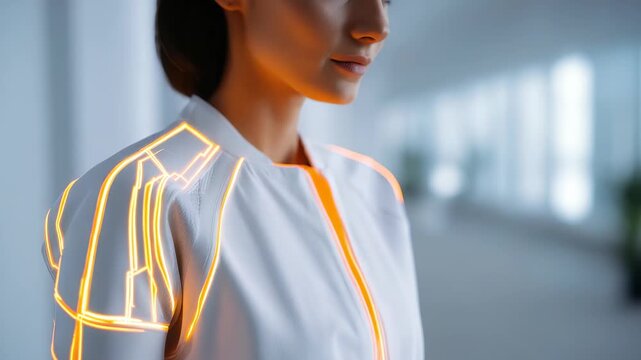 A young woman in a futuristic white jacket with glowing neon orange lines stands in a modern, bright interior. The innovative garment highlights advanced wearable technology trends