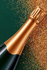 Fototapeta premium Elegant champagne bottle neck with gold foil and glitter on dark green background for celebration