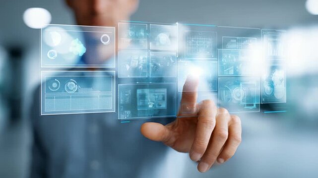 Businessman interacts with futuristic virtual interface, selecting digital screens with advanced technology. Modern innovation and digital transformation concept in a corporate environment