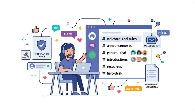 Woman working on laptop with social media and web design elements.