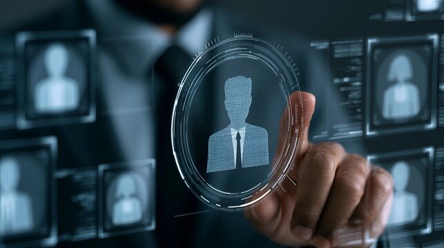 AI recruitment screening concept with digital candidate profile analysis and automated verification interface, human resources technology, talent management, hiring process, and workforce analytics.