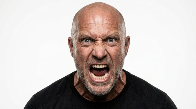 Angry bald man shouting with intense expression isolated on white background