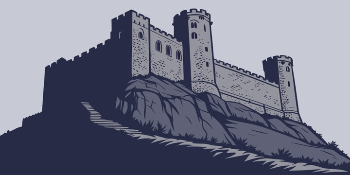 Medieval Castle on Hill, Aerial View, Monochrome