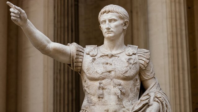 Classical marble statue of a Roman emperor in a colonnade setting.
