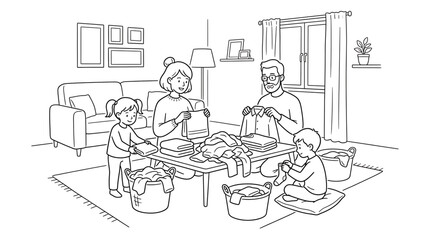 Obraz premium Family folding laundry together at home